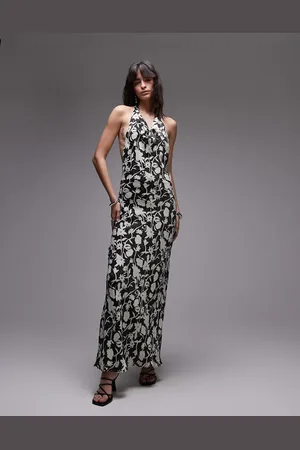 Topshop – Satin-Maxikleid mit Neckholder, hohem Wasserfallausschnitt und Blumenmuster