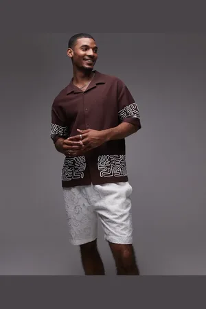Topman – Geknöpftes Oversize-Hemd aus strukturiertem Jersey in mit geometrischer Kordelstickerei