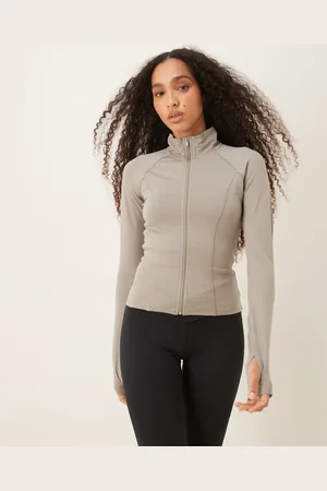 Gina Tricot – Soft Touch – Nahtlose Sportjacke in Olivgrau mit Reißverschluss