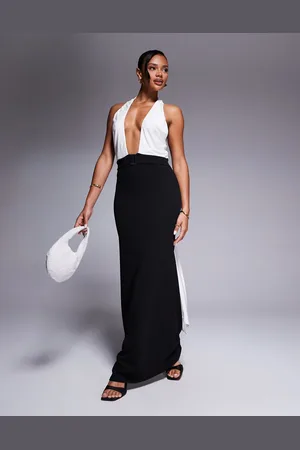 ASOS – Maxikleid in Schwarz und Weiß mit überkreuztem Detail, Neckholder und Drapierung