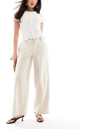 Hollister – Sehr weite Hose in Haferbeige aus Leinen mit niedrigem Bund