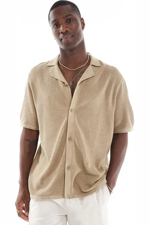 JACK & JONES – Gestricktes Oversize-Polohemd in Beige mit Knopfleiste