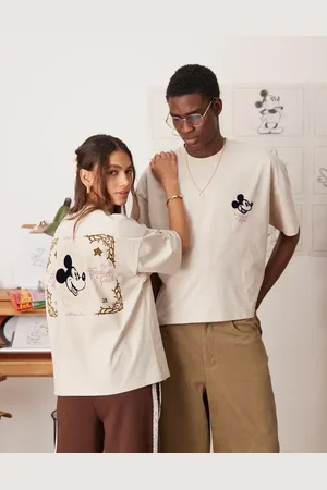 ASOS – Disney – Unisex-T-Shirt in Beige mit kastigem Oversize-Schnitt und „Mickey Mouse“-Prints