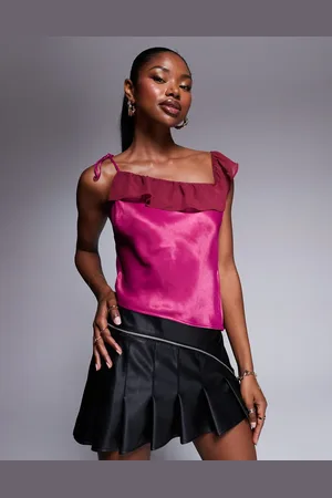 ASOS – Chiffon-Camisole in Rosépink mit schulterfreiem Schnitt und Rüschen