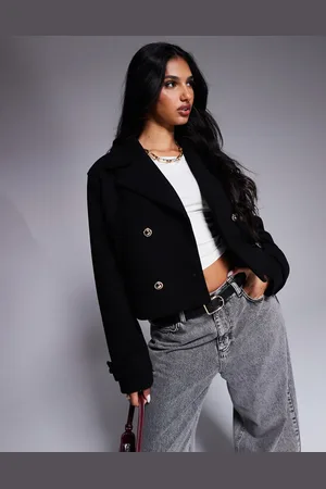 River Island – Zweireihige Jacke in schwarzer Wolloptik mit kurzem Schnitt