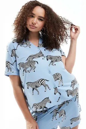 Chelsea Peers Curve – Kurzer Pyjama aus blauem Polyester mit Zebra-Motiv und V-Ausschnitt