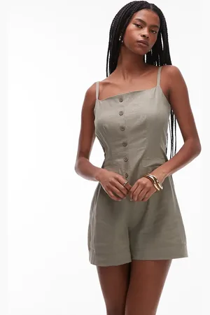 Topshop – Durchgeknöpfter Leinen-Playsuit in Khaki