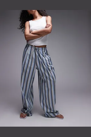 Topshop – Popeline-Hose in gestreiftem Blau mit geradem Bein und Kordelzugbund