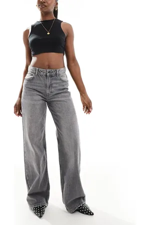 Pull&Bear – Weit geschnittene Jeans in Dunkelgrau mit hohem Bund
