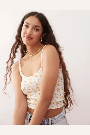 Miss Selfridge – Geripptes Camisole-Oberteil mit Blümchenmuster und Schleifenborte