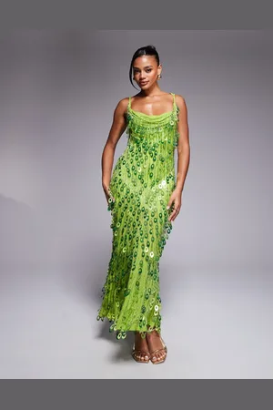 ASOS – Maxikleid in Hellgrün mit Wasserfallausschnitt und tropfenförmigen Pailletten
