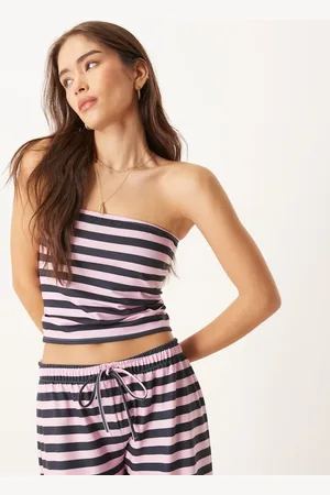 ASOS – Trägerloses, gestreiftes Oberteil in Marineblau und Rosa, Kombiteil