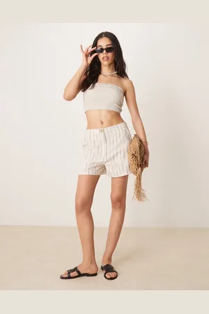 ASOS – Locker geschnittene Dad-Shorts mit Leinenanteil in Natur und Schnörkelstreifen
