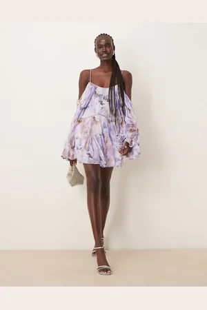 ASOS – Drapiertes, schulterfreies, gestuftes Minikleid mit Spitzeneinsätzen und verschwommenem abstraktem Muster