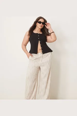 ASOS Curve – Hose in Natur mit lockerem, geradem Schnitt, Leinenanteil und welligem Streifenmuster