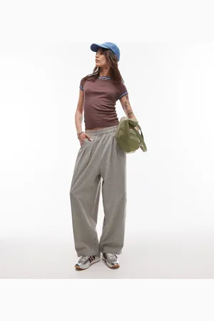 Topshop – Klein karierte Pull-on-Hose in Braun mit hohem Bund und schmal zulaufendem Bein
