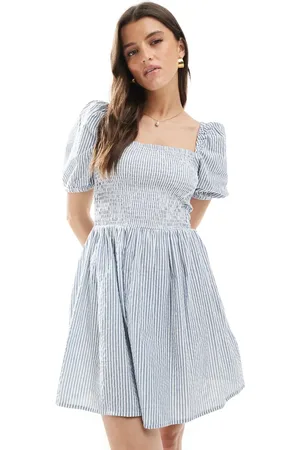 Brave Soul – Milchmädchen-Minikleid mit blauen Streifen, eckigem Ausschnitt und hohem Baumwollanteil