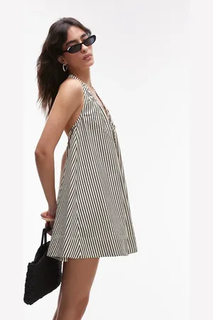 Topshop – Trapezförmiges Minikleid mit Neckholder und Streifen in Schwarz-Weiß