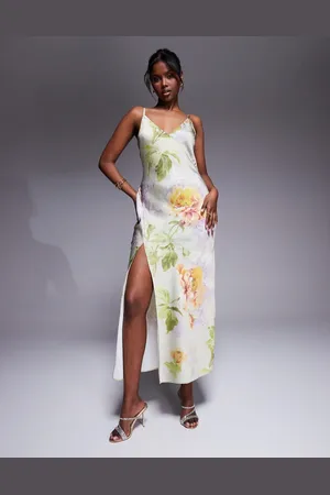 ASOS – Wadenlanges Kleid aus Satin mit V-Ausschnitt, Ziernaht, Schlitz und grünem Blumenmuster