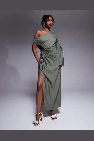 ASOS – Schmal geschnittenes Maxikleid in Khaki mit Cut-out-Design und Drapierung