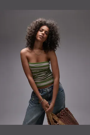 Topshop – Longline-Bandeau-Top in Grün gestreift