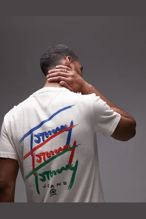 Tommy Hilfiger – T-Shirt in meliertem Hellbeige mit sich wiederholendem Signatur-Rückenprint