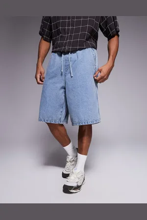ASOS – Länger geschnittene Jeans-Jorts zum Hineinschlüpfen in hellblauer Waschung mit seitlichem Streifen