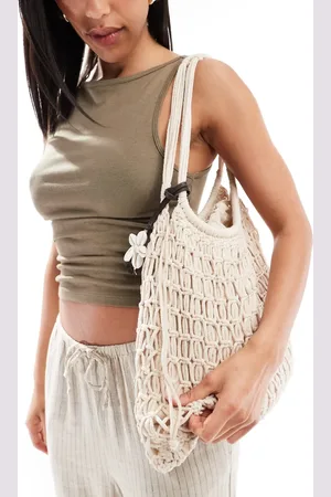 Pull&Bear – Gehäkelte Strand-Tasche in Ecru