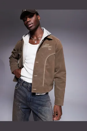 ASOS – Harrington-Jacke aus braunem Wildlederimitat mit Stickerei in regulärer Passform