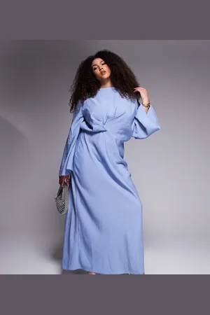ASOS ASOS DESIGN Curve – Langärmliges Satin-Maxikleid in Stonewash- mit eingestecktem, asymmetrischem Saum