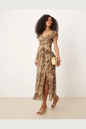 ASOS – Tailliertes Rüschen-Maxikleid in Rosa mit Puffärmeln und Animal-Print