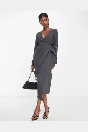 ASOS – Midikleid in Anthrazit mit V-Ausschnitt und gedrehtem Wickeldetail