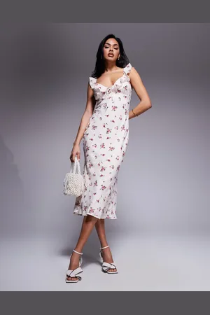 Love Triangle – Texturiertes Midikleid mit Blumen- und Karomuster mit Rüschen und V-Ausschnitt