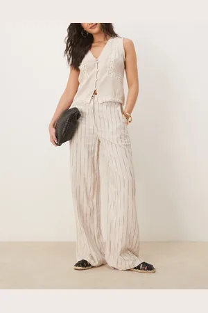 ASOS – Hose in Natur mit lockerem, geradem Schnitt, Leinenanteil und welligem Streifenmuster