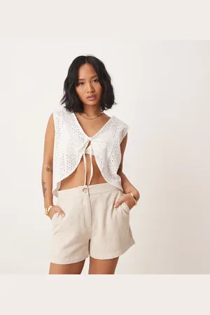 ASOS Petite – Locker geschnittene Dad-Shorts in Steinbeige mit Leinenanteil