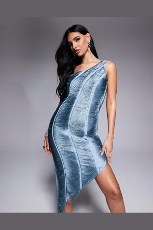 ASOS – One-Shoulder-Minikleid in Meerblau mit Fransendrapierung