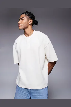 ASOS – Kastiges Henley-T-Shirt in Cremeweiß mit Oversize-Schnitt und Waffelstruktur