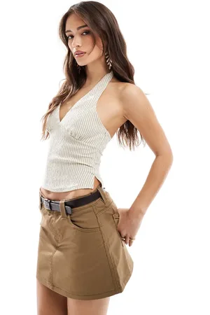 Bershka – Neckholder-Oberteil aus Leinen in gestreiftem Sandbeige
