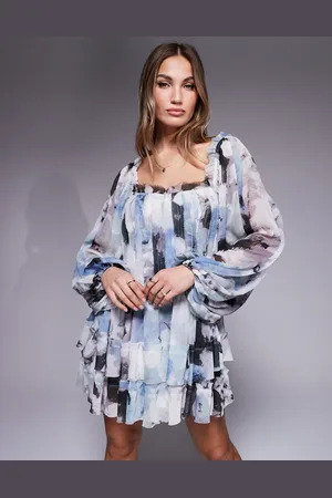 ASOS – Minikleid mit Blousonärmeln, abstraktem Muster, ungesäumten Kanten und Bahnen-Design