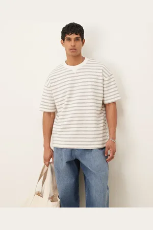 ASOS – Oversize-T-Shirt aus schwerem Material in Ecru mit Streifenmuster
