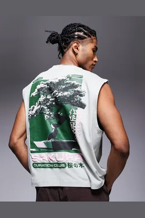 ASOS – Kastiges Oversize-Trägertop in Grau mit Grafikprint am Rücken