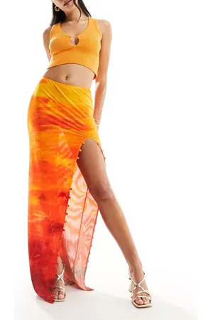 Farai London – Carina – Netzstoff-Maxirock in Orange mit Farbverlauf, Knopfleiste und hohem Schlitz