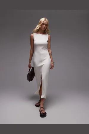 MANGO – Midaxi-Kleid in Hellbeige mit U-Boot-Ausschnitt und Schlitz vorne