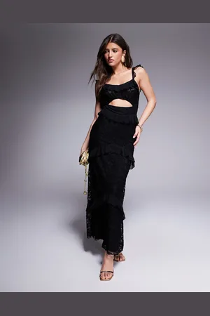 ASOS – Gestuftes Maxikleid aus Spitze und Netzstoff in Schwarz mit Rüschen