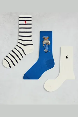 Ralph Lauren – 3er-Pack Socken in Blau und Cremeweiß mit Bärmotiv, Streifenmuster und Zopfmuster