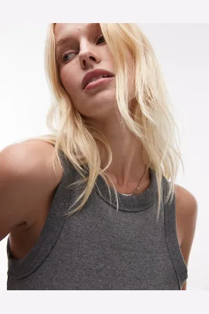 Topshop – Geripptes Trägershirt in Anthrazit meliert mit Ringerrücken