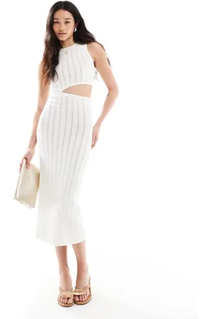 Bershka – Maxi-Strickkleid in Ecru mit Zierausschnitt vorne