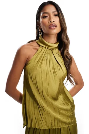 River Island – Plissiertes Neckholder-Oberteil aus Satin in Khaki, Kombiteil