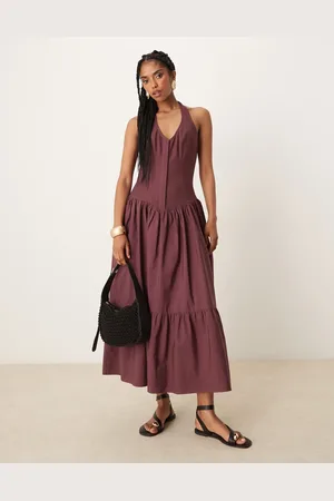 ASOS – Hybrid-Maxikleid aus Popeline in intensivem Traubenrot mit Neckholder-Design