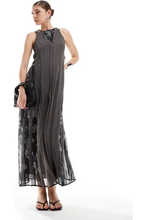 ASOS – Midikleid in Grau mit Rüschendetail und seitlichem Print